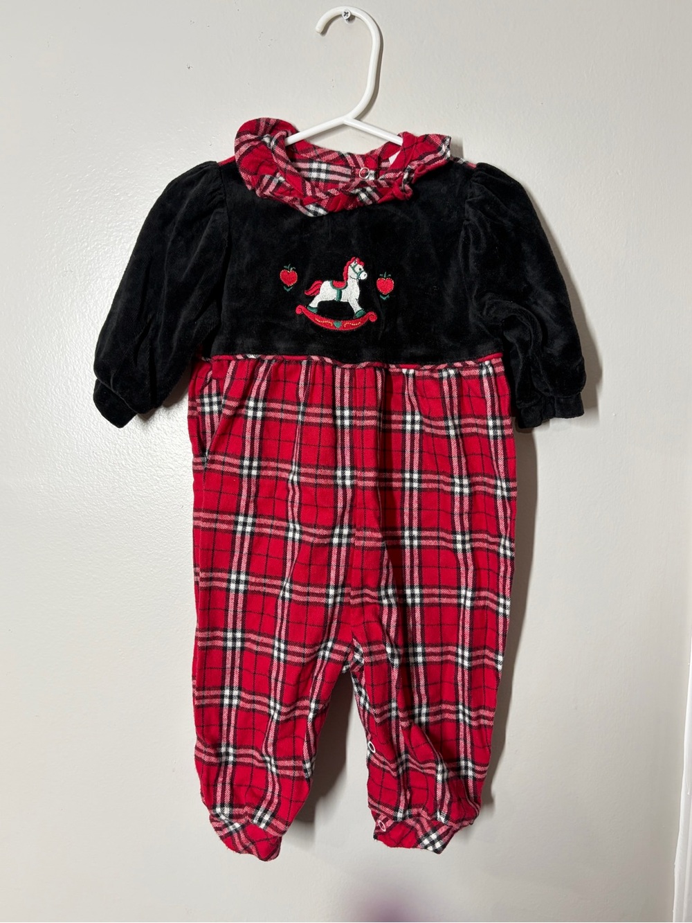 Vintage Red Plaid & Black Velvet Holiday One-Piece size 6-9 months